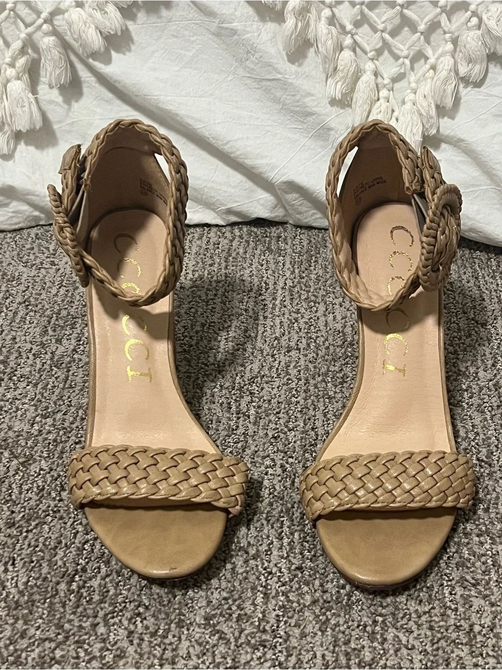 Women's Braided Ankle-Strap Sandals in Tan. Size 8.5.